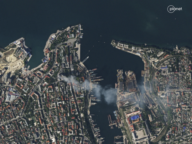 This satellite image shows smoke rising from the headquarters of Russia’s Black Sea Fleet in Sevastopol, Crimea, Friday Sept. 22, 2023. AP/RSS Photo